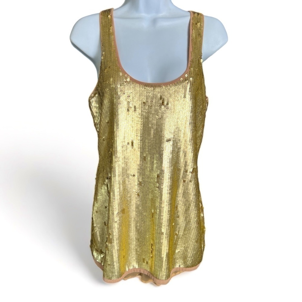 TRINA TURK Gold Sequins Nude Mesh Stretchy Tank Top  Size Medium